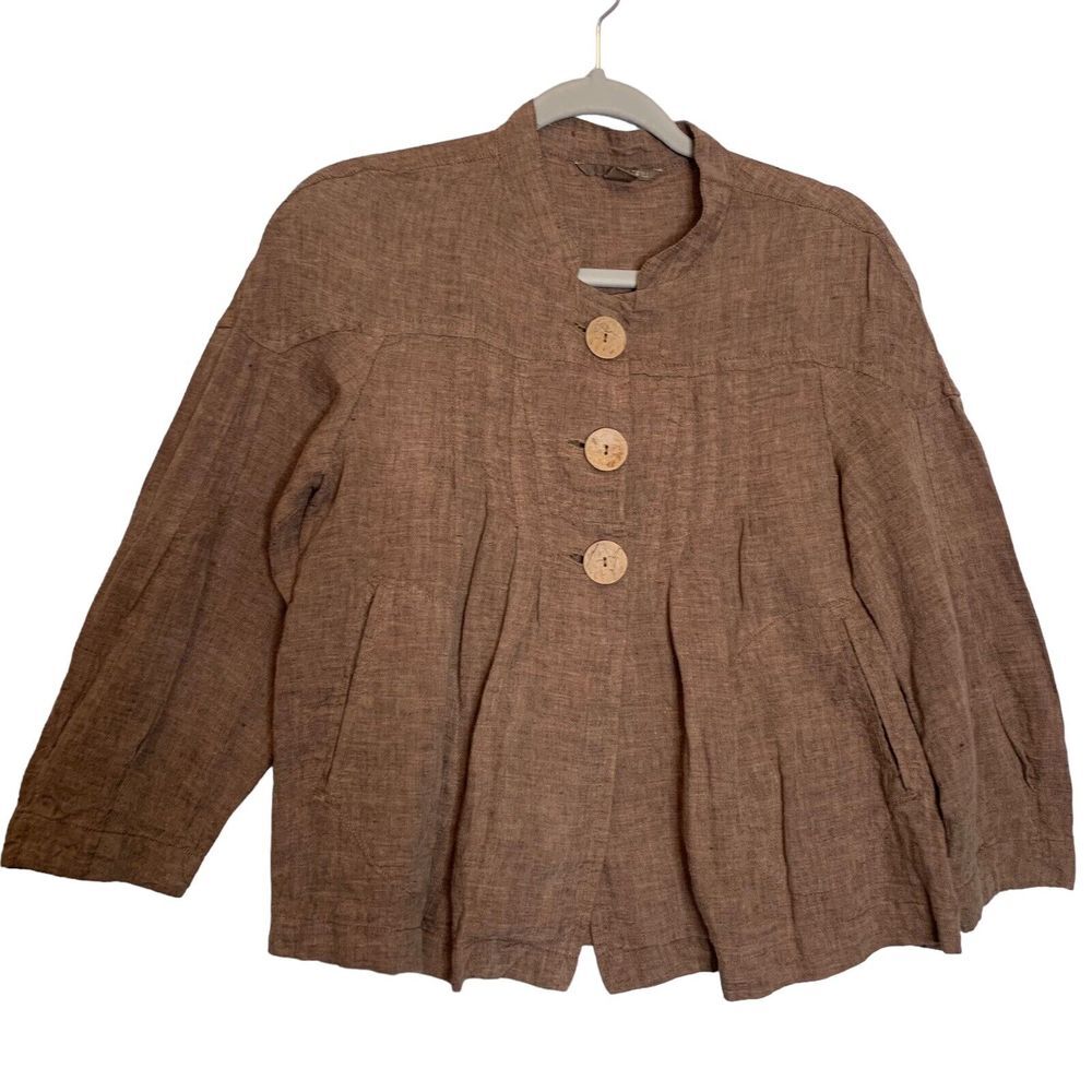 Pink Twill Blazer Womens Small Brown 3 Button 100% Linen Pockets‎ 3/4 Sleeve